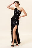 Black Sequins Mermaid One Shoulder Long Prom Dress with Star