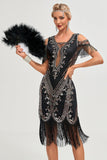 Black Cold Shoulder Sequins Fringes Flapper Gatsby Dress