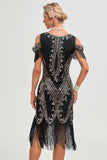 Black Cold Shoulder Sequins Fringes Flapper Gatsby Dress