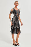 Black Cold Shoulder Sequins Fringes Flapper Gatsby Dress