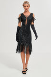 Black Cold Shoulder Sequins Fringes Flapper Gatsby Dress