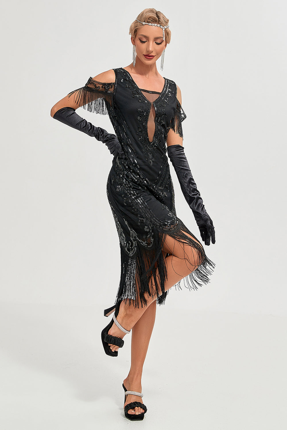 Black Cold Shoulder Sequins Fringes Flapper Gatsby Dress