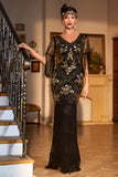 Sheath V Neck Black Sequins Long Party Dress with Fringes