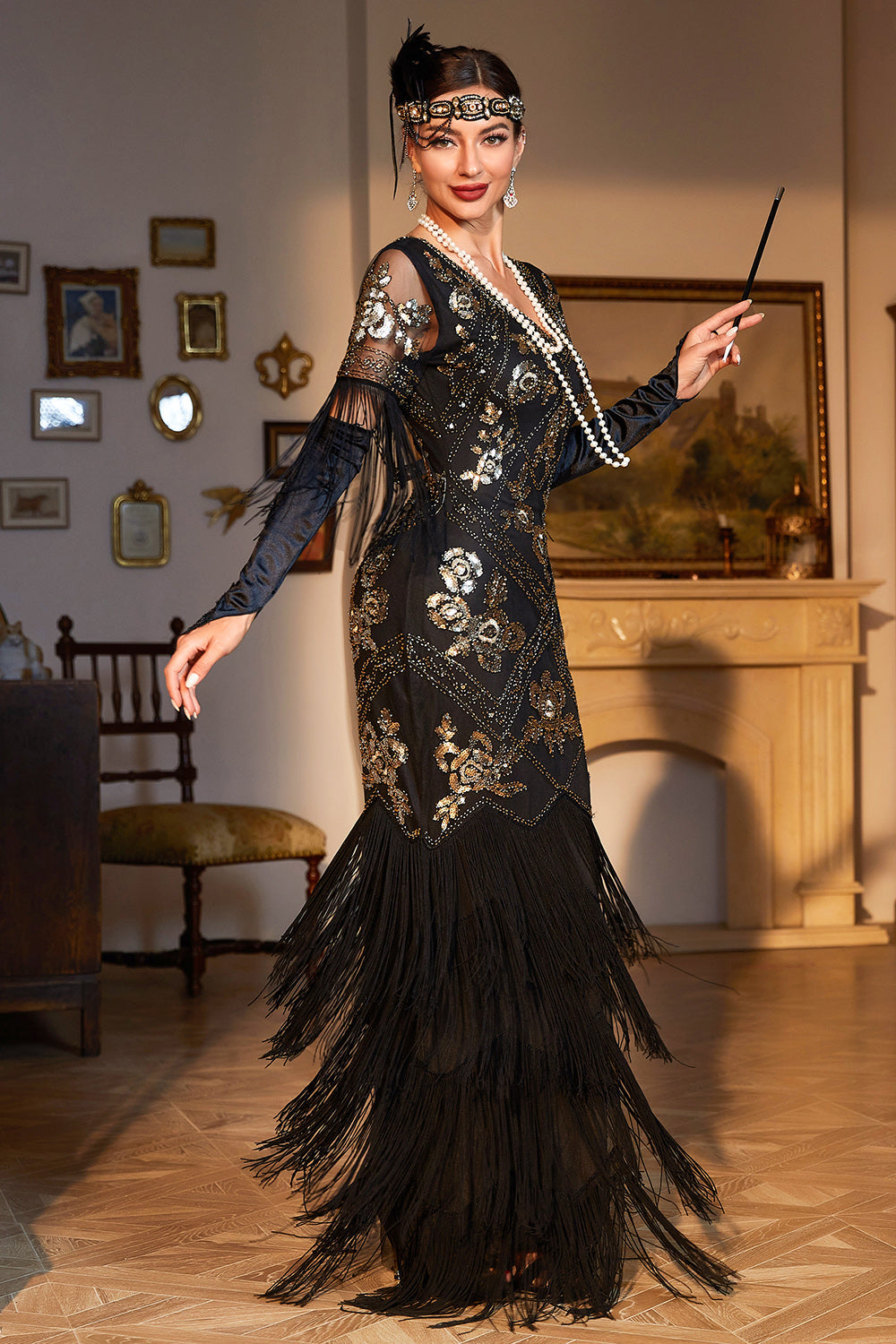 Sheath V Neck Black Sequins Long Party Dress with Fringes