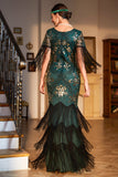 Sheath V Neck Dark Green Sequins Long Party Dress with Fringes