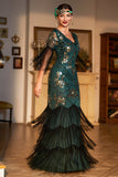 Sheath V Neck Dark Green Sequins Long Party Dress with Fringes