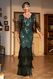 Sheath V Neck Dark Green Sequins Long Party Dress with Fringes