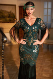 Sheath V Neck Dark Green Sequins Long Party Dress with Fringes