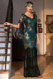 Sheath V Neck Dark Green Sequins Long Party Dress with Fringes