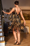 Spaghetti Straps Black Golden Gatsby Dress with Fringes