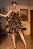 Spaghetti Straps Black Golden Gatsby Dress with Fringes