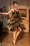 Spaghetti Straps Black Golden Gatsby Dress with Fringes
