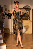 Spaghetti Straps Black Golden Gatsby Dress with Fringes