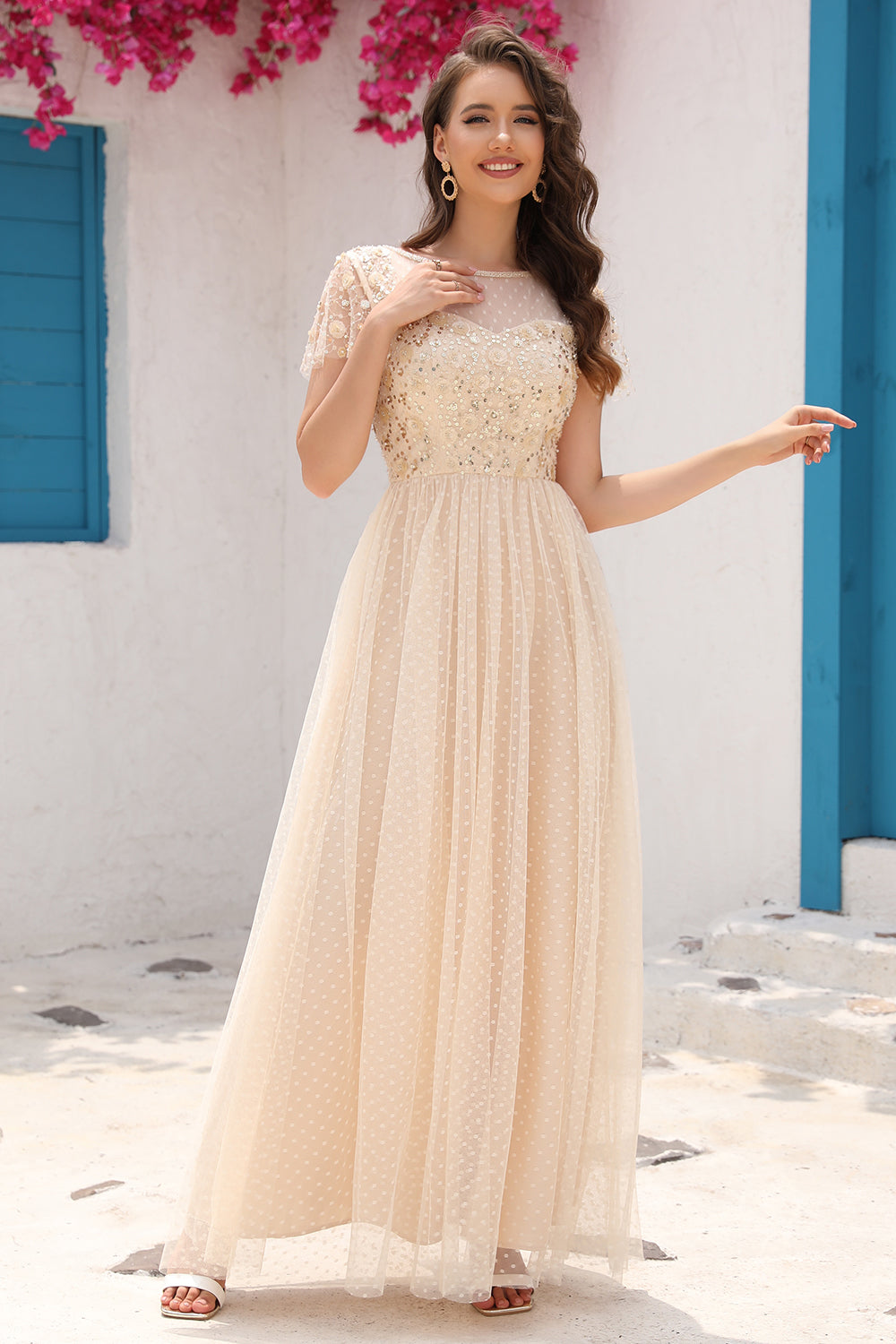 A Line Tulle Apricot Sequins Formal Prom Dress with Appliques