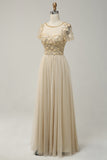 Apricot A Line Tulle Sequins Formal Prom Dress with Appliques