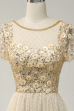 Apricot A Line Tulle Sequins Formal Prom Dress with Appliques