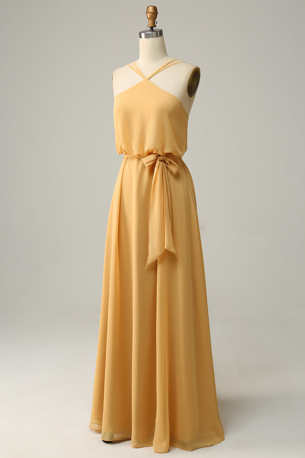 Yellow A Line Halter Long Bridesmaid Dress with Bowknot