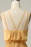 Yellow A Line Halter Long Bridesmaid Dress with Bowknot