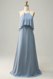Blue A Line Halter 100D Chiffon Bridesmaid Dress with Ruffles