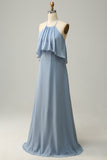 Blue A Line Halter 100D Chiffon Bridesmaid Dress with Ruffles