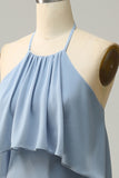 Blue A Line Halter 100D Chiffon Bridesmaid Dress with Ruffles