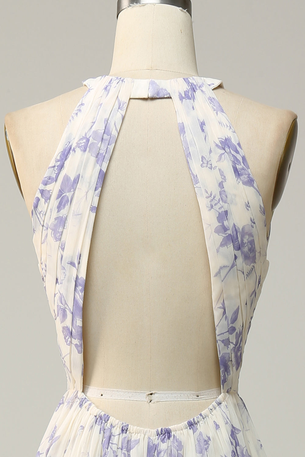White Purple Flower Sheath Halter Backless Ruched Chiffon Bridesmaid Dress