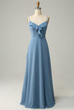 Grey Blue A Line Spaghetti Straps Floor Length Bridesmaid Dress with Ruffles