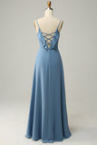 Grey Blue A Line Spaghetti Straps Floor Length Bridesmaid Dress with Ruffles