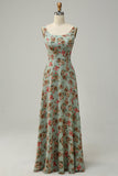 Green Floral A Line Square Neck Long Bridesmaid Dress with Open Back