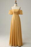 Yellow A Line Off The Shoulder Chiffon Bridesmaid Dress with Ruffles