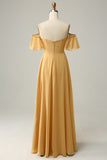 Yellow A Line Off The Shoulder Chiffon Bridesmaid Dress with Ruffles