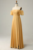 Yellow A Line Off The Shoulder Chiffon Bridesmaid Dress with Ruffles