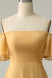 Yellow A Line Off The Shoulder Chiffon Bridesmaid Dress with Ruffles