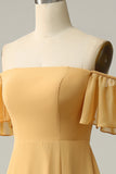 Yellow A Line Off The Shoulder Chiffon Bridesmaid Dress with Ruffles