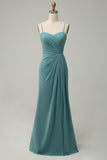 Green A Line Spaghetti Straps Long Chiffon Bridesmaid Dress with Slit