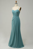 Green A Line Spaghetti Straps Long Chiffon Bridesmaid Dress with Slit