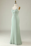 Sage Green Mermaid Draped Spaghetti Straps Chiffon Bridesmaid Dress