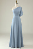 Grey Blue A Line One Shoulder Chiffon Boho Bridesmaid Dress