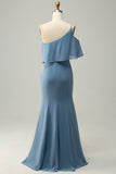 Blue Mermaid One Shoulder 100D Chiffon Bridesmaid Dress with Ruffles