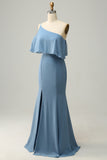 Blue Mermaid One Shoulder 100D Chiffon Bridesmaid Dress with Ruffles