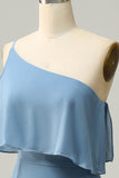 Blue Mermaid One Shoulder 100D Chiffon Bridesmaid Dress with Ruffles