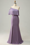 Purple Mermaid One Shoulder 100D Chiffon Bridesmaid Dress with Ruffles