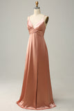 Blush A Line Spaghetti Straps Pleated Long Satin Bridesmaid Dress with Slit