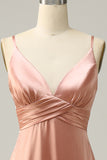 Blush A Line Spaghetti Straps Pleated Long Satin Bridesmaid Dress with Slit