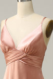 Blush A Line Spaghetti Straps Pleated Long Satin Bridesmaid Dress with Slit