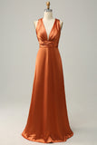 Copper A Line V Neck Bright Satin Bridesmaid Dress with Open Back