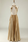 Golden A Line Halter Pleated Long Bridesmaid Dress with Open Back