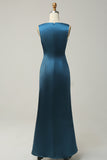 Ink Blue Sheath Deep V Neck Bright Satin Bridesmaid Dress with Adjustable Drawstring