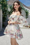 Trendy A-Line Ivory Floral Printed Short Tulle Homecoming Dress with Bow