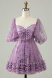 Purple A Line Tulle Bow Print Short Homecoming Dress With Puff Sleeves